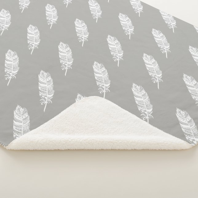 Couverture Sherpa Bohème Chic Plumes Tribales Blanches & Gris (3/4)