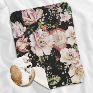 Couverture Sherpa bohème chic rose pâle fleurs sombres floral
