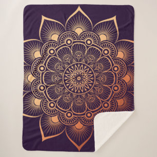 Couverture Sherpa Bohème foncé violet pêche Mandala