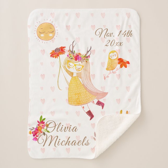 Couverture Sherpa Boho Amour Petite Fille Hibou Lapin Date Nom (Devant)