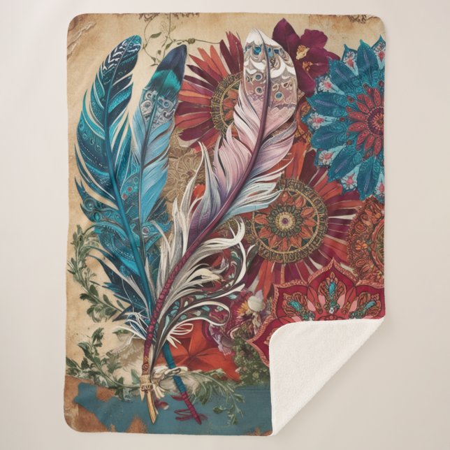 Couverture Sherpa Boho Chic Mandala mystérieux à plumes (Devant)
