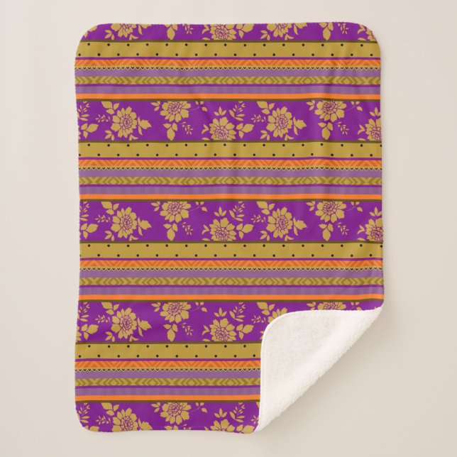 Couverture Sherpa Boho Chic violet orange Motif à rayures florales (Devant)