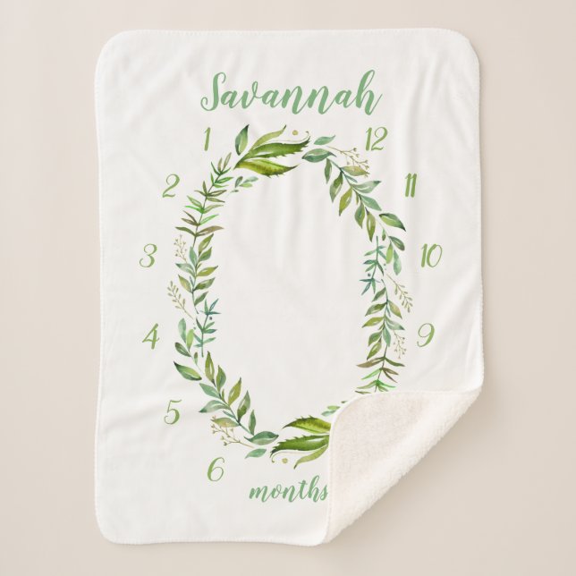 Couverture Sherpa Boho Feuilles Baby Name Monthly Milestone Photo (Devant)