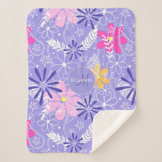 Couverture Sherpa boho fleuri doodle coloré plumes paislies (Devant)