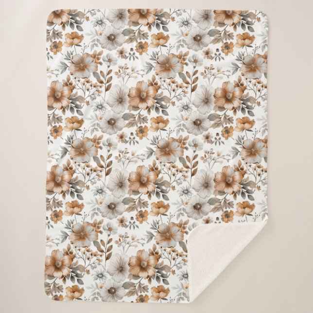 Couverture Sherpa Boho Gris Beige Brown Floral Fleurs Aquarelle (Devant)