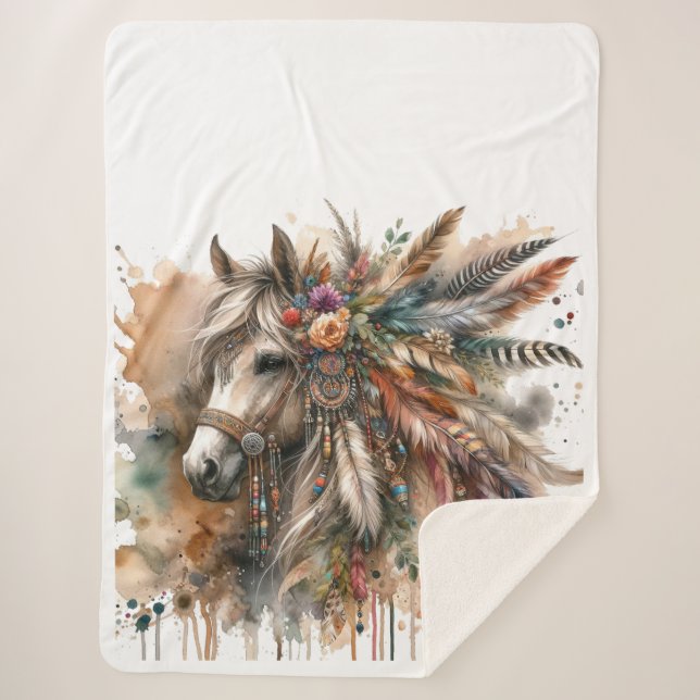 Couverture Sherpa Boho Horse with feathers (Devant)