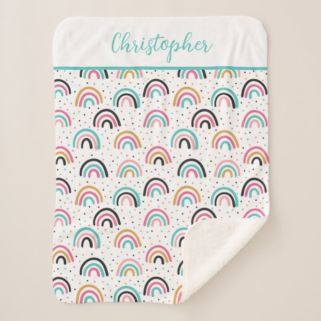 Couverture Sherpa Boho Monogramme Rainbows Turquoise orange (Devant)