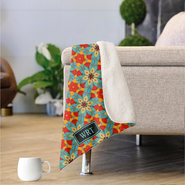 Couverture Sherpa Boho Turquoise Fleur Retro Carreaux De Verre Joli (Créateur téléchargé)