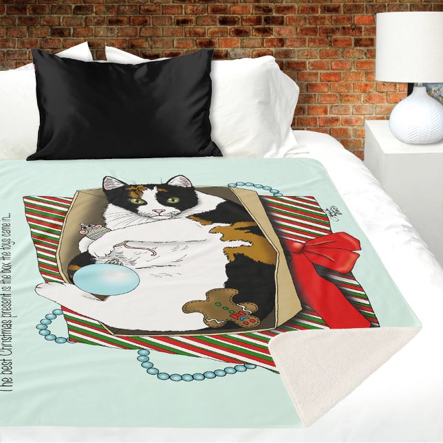 Couverture Sherpa Boîte cadeau drôle de chat calico de Noël (Créateur téléchargé)