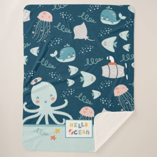 Couverture Sherpa Bonjour Ocean Octopus et Poisson Nautique Blue Kid