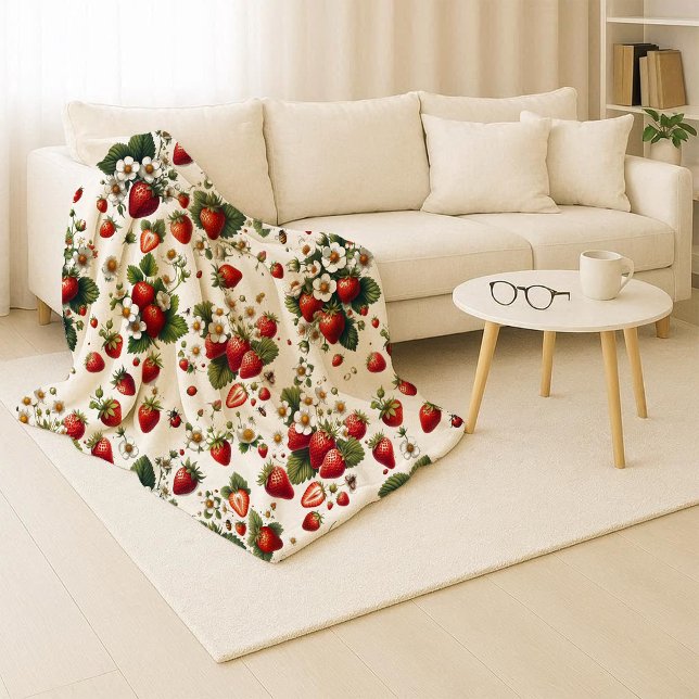 Couverture sherpa botanique fraise cosy (Cozy Strawberry Botanical Sherpa Blanket)