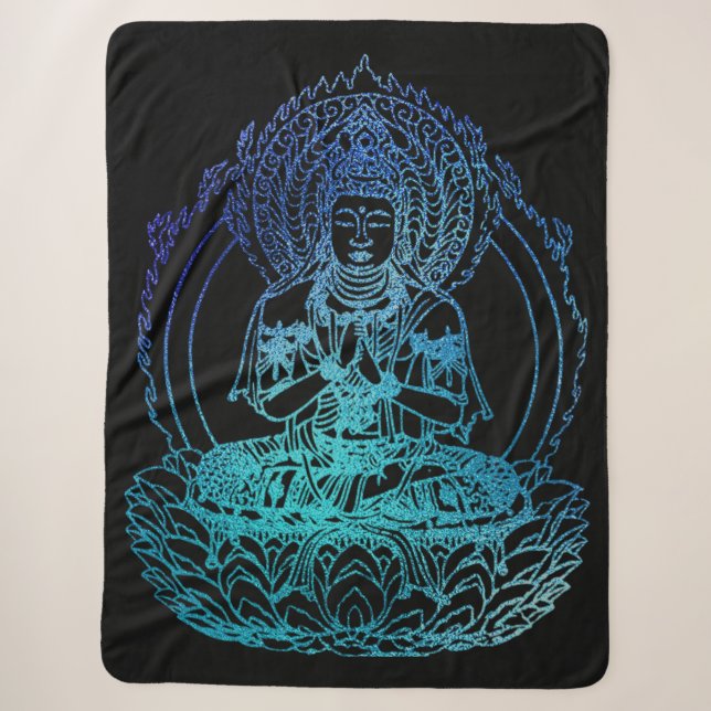 Couverture Sherpa Bouddha en flammes sarcelle et bleu (Devant)