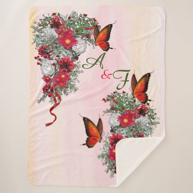 Couverture Sherpa Bouquets de roses blanches, bleues et bordeaux (Devant)