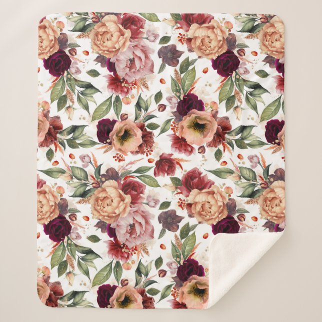 Couverture Sherpa Bourgogne Rouge Orange Fleurs Chute Motif Botaniqu (Devant)