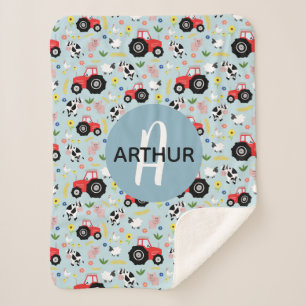 Couverture Sherpa Boys Cute Farm Animal Tracteur Motif et nom Kids