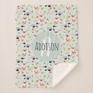 Couverture Sherpa Boys Cute Forest Animal Motif Fox & Name Kids