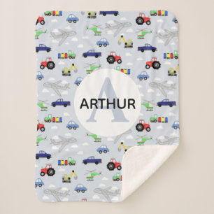 Couverture Sherpa Boys Cute Transport Motif Voiture Nom Monogramme E