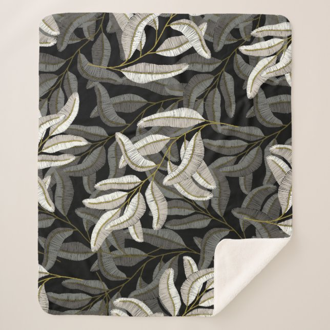 Couverture Sherpa Branches brodées : imprimé noir-blanc. (Devant)