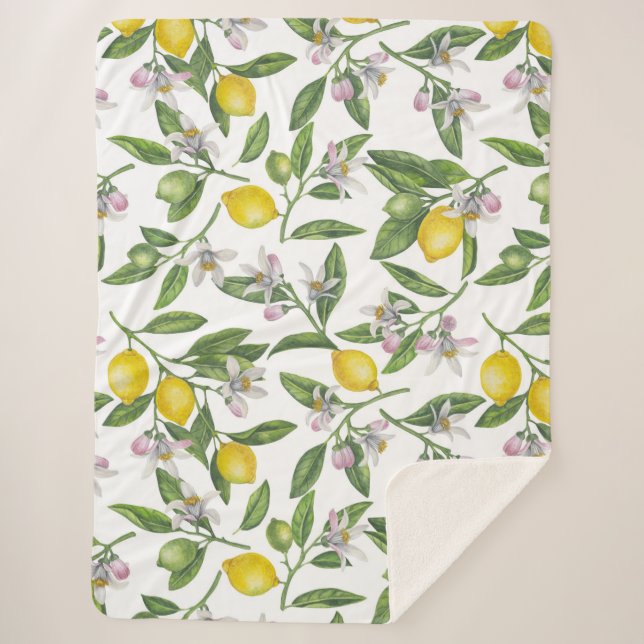 Couverture Sherpa Branches de citron avec fleurs et fruits sur blanc (Devant)