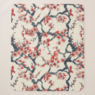 Couverture Sherpa Branches de fleurs de cerisier corail sur fond ivo
