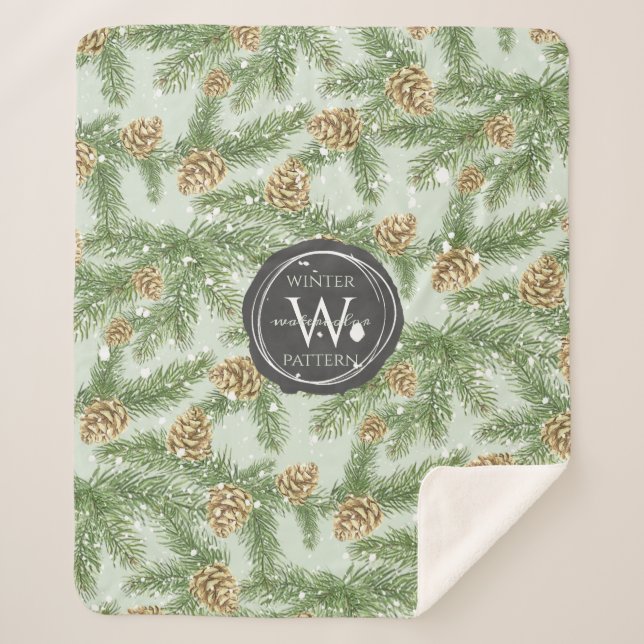 Couverture Sherpa Branches de pin et cônes de pin Motif d'aquarelle (Devant)
