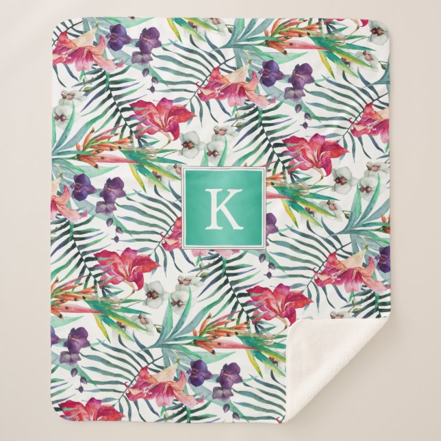 Couverture Sherpa Bright Tropical Floral avec Monogramme (Devant)