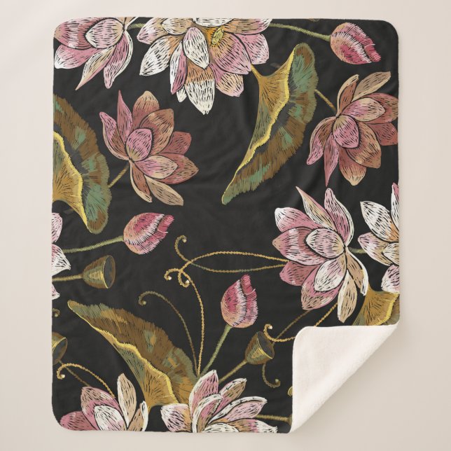 Couverture Sherpa Broderie Lotus Fleurs Motif sans couture (Devant)