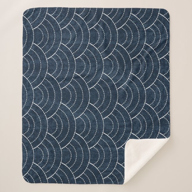Couverture Sherpa Broderie Sashiko : Indigo Motif japonais. (Devant)