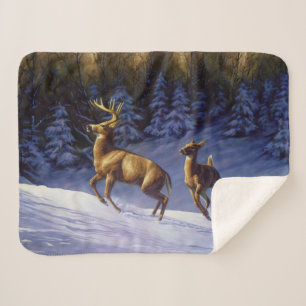 Couverture Sherpa Buck & Doe de cerf blanc en neige hivernale