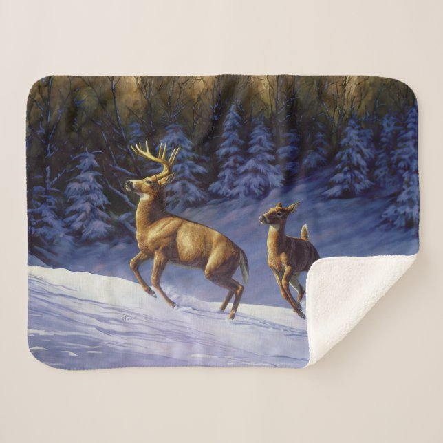 Couverture Sherpa Buck & Doe de cerf blanc en neige hivernale (Devant (Horizontal))