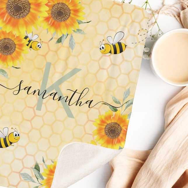 Couverture Sherpa Bumble abeilles tournesol jaune nid d'abeille mono (Créateur téléchargé)