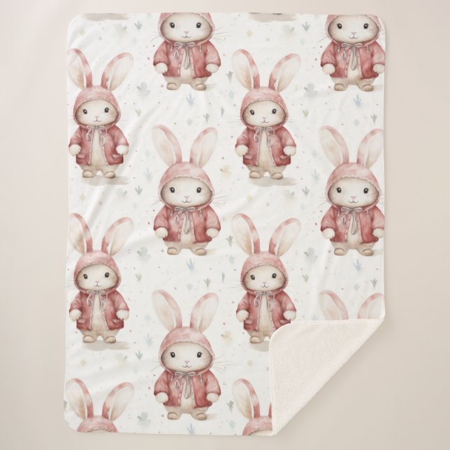 Couverture Sherpa Bunnies blancs rouges bordeaux (Devant)