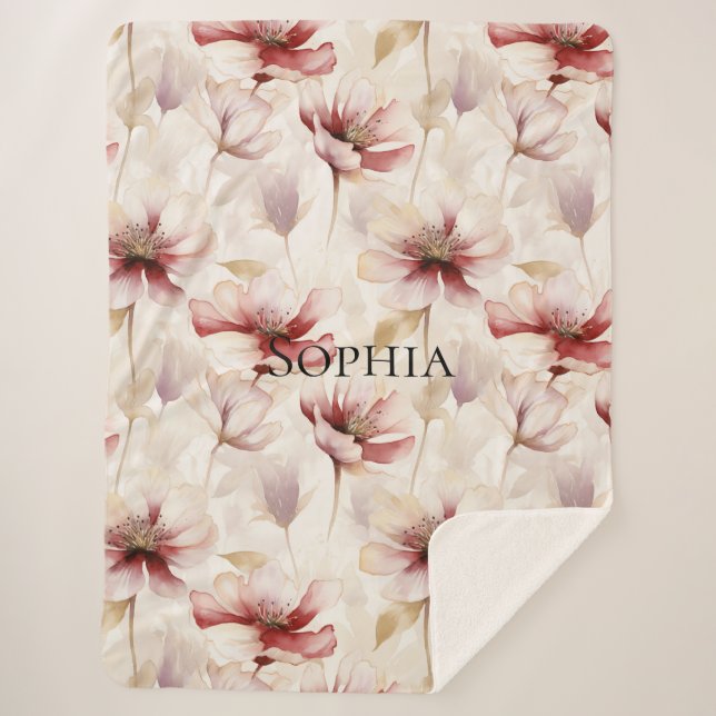 Couverture Sherpa Burgundy Crème Lavande Fête des mariées florale (Devant)