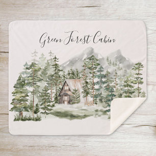 Couverture Sherpa Cabane à l'aquarelle dans la forêt de pins verts b