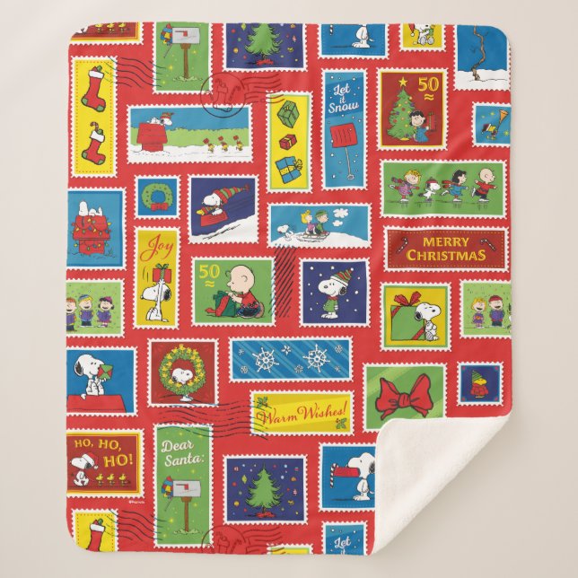 Couverture Sherpa cacahuètes | Motif des timbres de Noël (Devant)