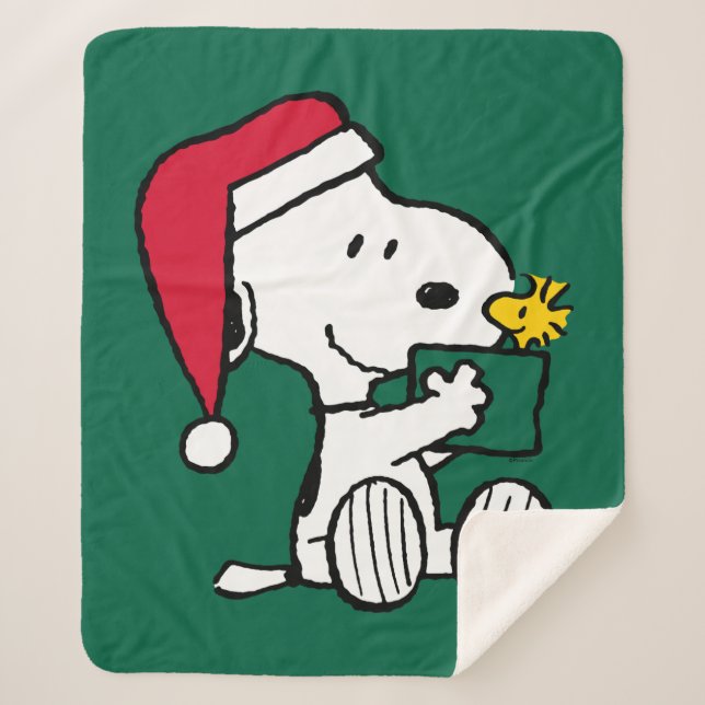 Couverture Sherpa cacahuètes | Snoopy Père Noël & Woodstock Cadeau (Devant)