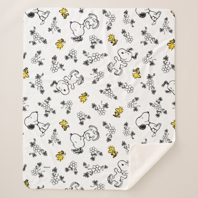Couverture Sherpa cacahuètes | Snoopy & Woodstock B&W Flower Motif (Devant)