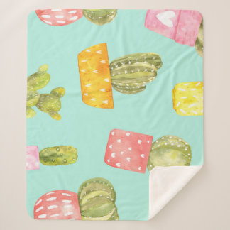 Couverture Sherpa Cactus épineux dans les pots, motif aquarelle.