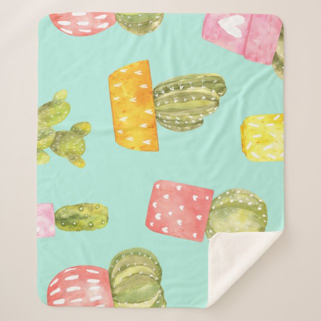 Couverture Sherpa Cactus épineux dans les pots, motif aquarelle. (Devant)