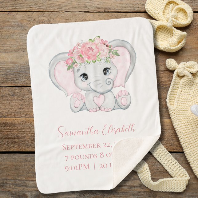 Couverture Sherpa Cadeau de naissance éléphant bébé fille rose Stati (Pink Elephant Sherpa Baby Blanket. Personalized with name and birth stats)