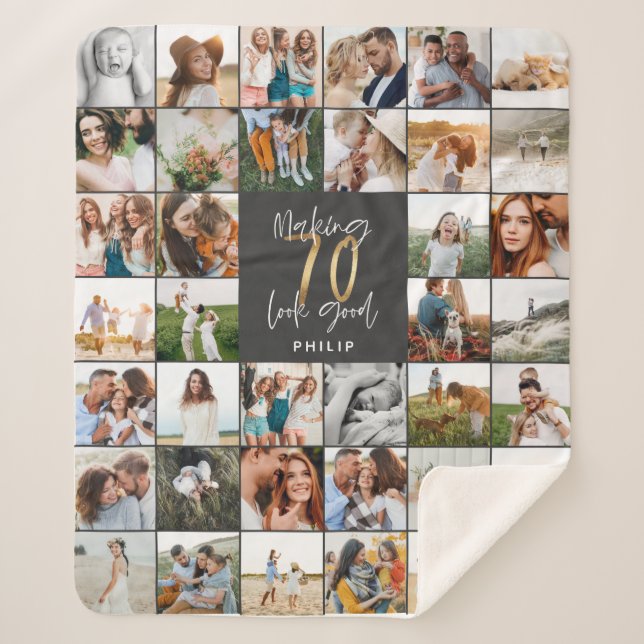 Couverture Sherpa Cadeau moderne 70e anniversaire multi-photo script (Devant)