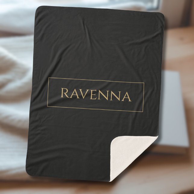 Couverture Sherpa Cadre doré Nom personnalisé Luxe Noir Profond (Créateur téléchargé)