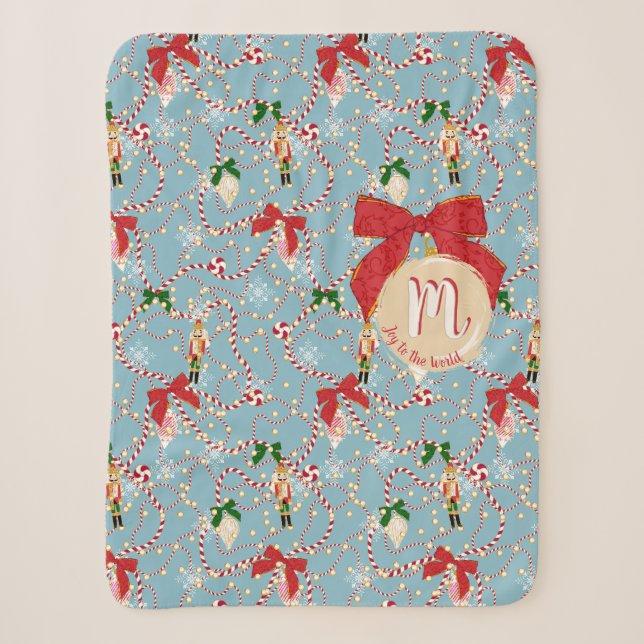 Couverture Sherpa Candy cane bleu classique écriture initiale (Devant)