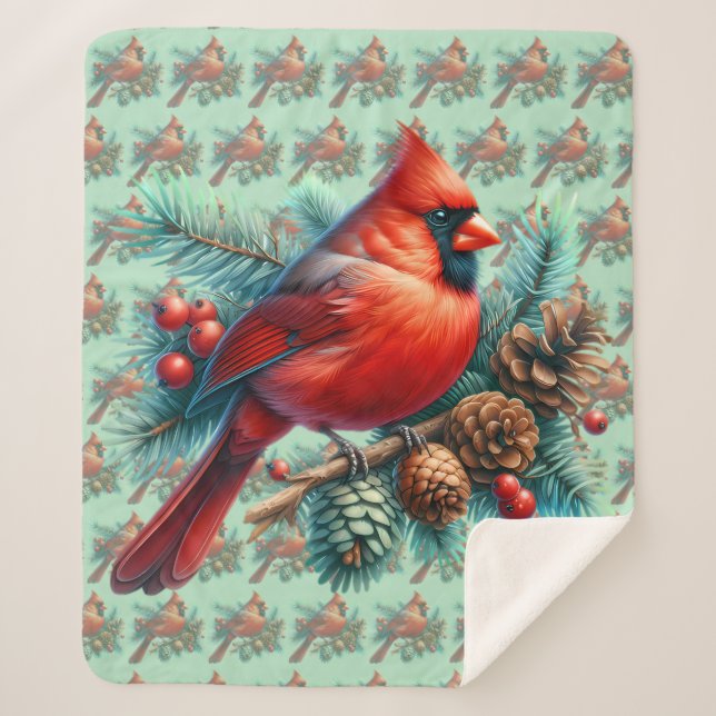 Couverture Sherpa Cardinal sur une branche de pin avec des baies d'h (Devant)