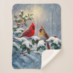 Couverture Sherpa Cardinaux rouges et Holly en neige