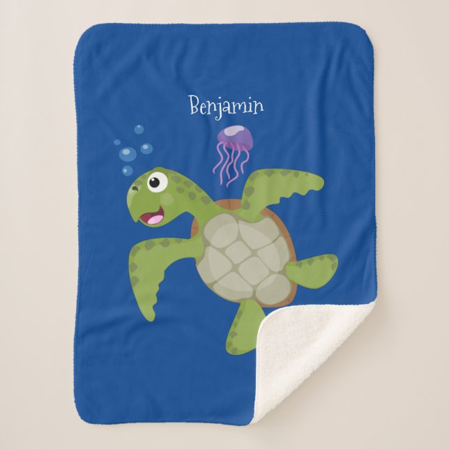 Couverture Sherpa Caricature joyeuse de tortue de mer verte mignonne (Devant)