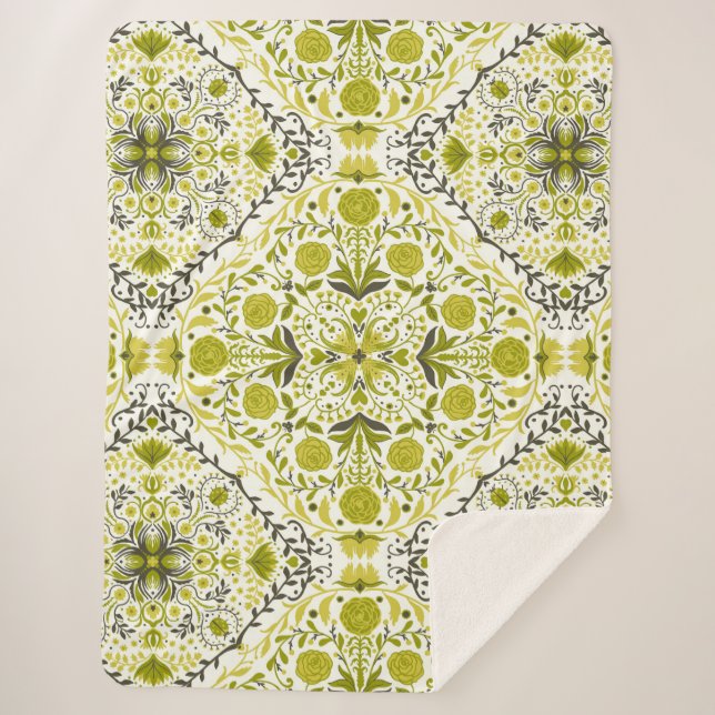 Couverture Sherpa Carreaux de fleurs en vert (Devant)