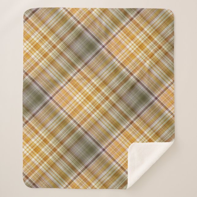 Couverture Sherpa Carreaux Jaune Maïs Sec et Vert Olive (Devant)