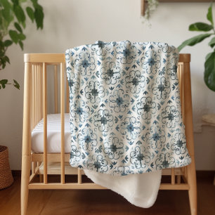 Couverture Sherpa Carreaux marocains à motif bleu et blanc à l'aquar