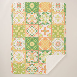 Couverture Sherpa Carreaux ornés en vert et jaune